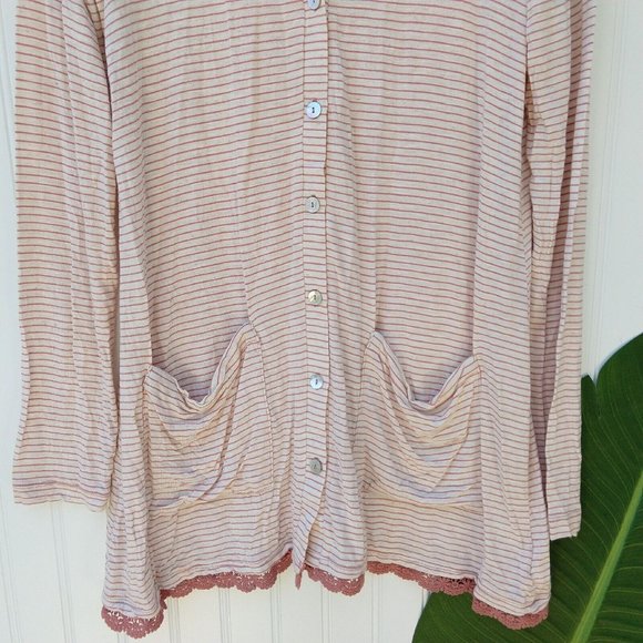 Logo Lori Goldstein Striped V Neck Cardigan Size XS Pink Oatmeal Lace Button Up - Picture 5 of 8